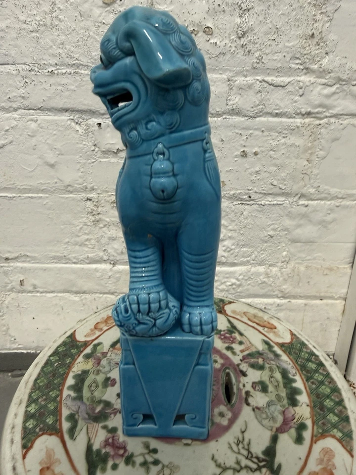 LARGE 12" Vintage Chinese Foo Dog Lion Temple Blue Turquoise Glazed Ceramic - Image 2 of 4