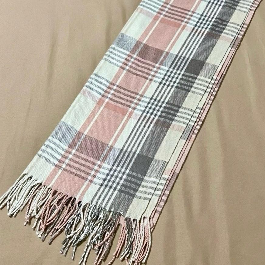 Scarf Plaid Oversized Warm Winter Shawl Wrap Cozy Fringe Blush Beige Gray thumbnail 9
