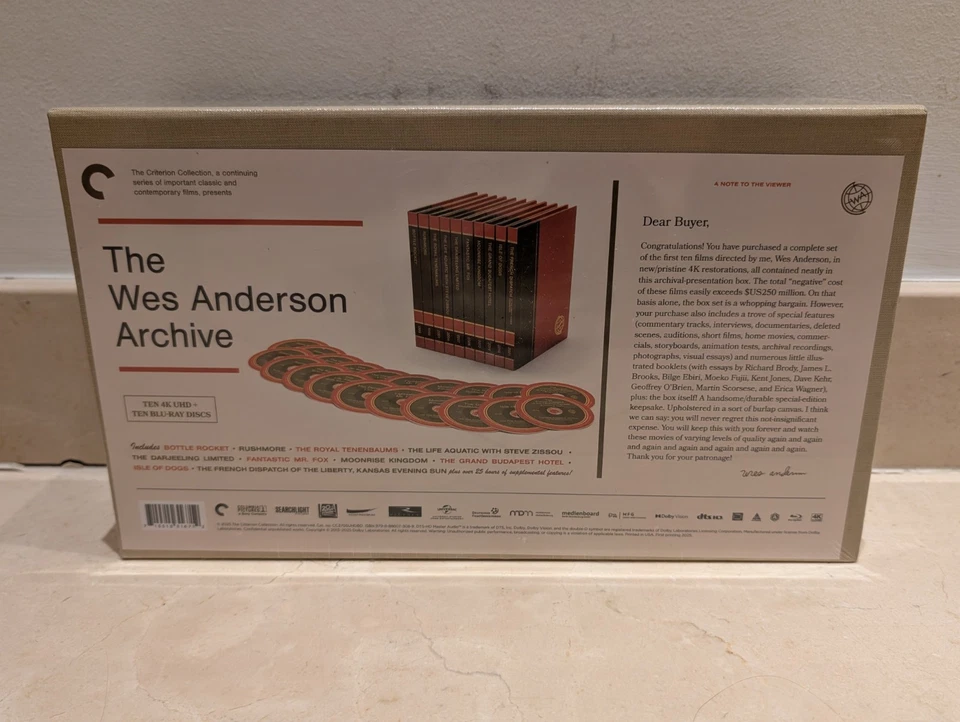 The Wes Anderson Archive - Criterion Collection 4K & Blu-Ray 10 Film Boxset - Image 2 of 4