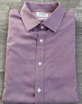 T M Lewin Men s Two Fold Cotton Burgundy Mini Gingham Dress Shirt Sz 17.5-36