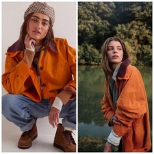 Free People We The Free Cori Waxed Jacket Orange Corduroy Collar XL