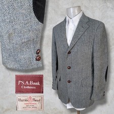 Vintage Jos A Bank Sport Coat Mens 40R Harris Tweed Blue Black Suede Elbow Pads