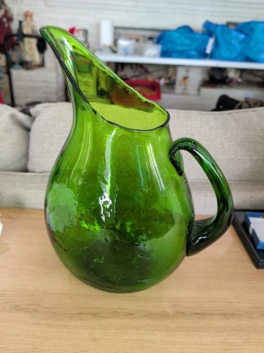 Vintage Blenko Jade Green Glass Hand Blown Pitcher 12” Tall Mid Century Modern