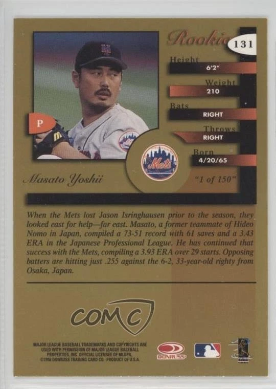 1998 Donruss Signature Series Signature Proof /150 Masato Yoshii #131 Rookie RC - Image 2 of 2