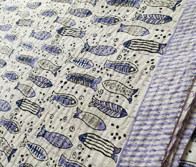 Hand Blockdruck Queen Kantha Quilt Indische Handarbeit Tagesdecke Überwurf Ba...