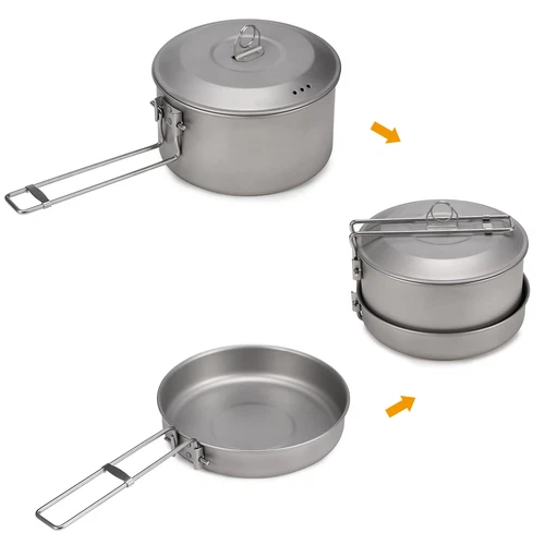 Ultralight Camping Cookware Set Titanium Pot And Fry Pan With Lid + Handles M9W0