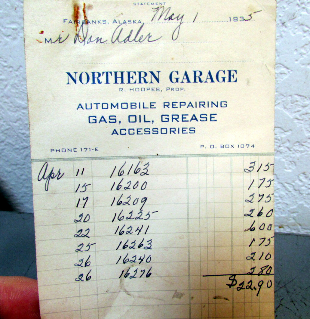 vintage 1935 Northern Garage Fairbanks Alaska parts receipt, Auto