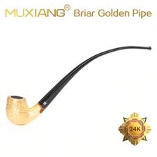 MUXIANG Golden Briar Churchwarden Pipe Wooden Long Stem Reading Tobacco Pipe 