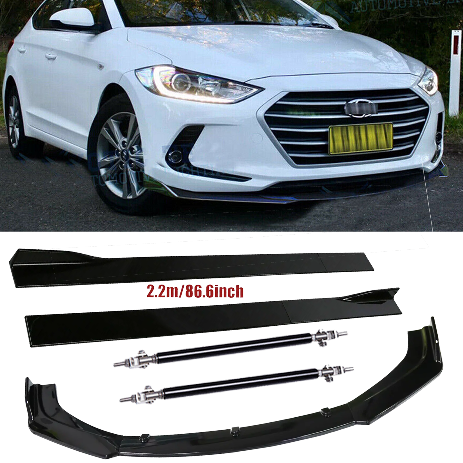 Hyundai Elantra Front Bumper Lip Splitter Spoiler Strut Rods in Polyurethane