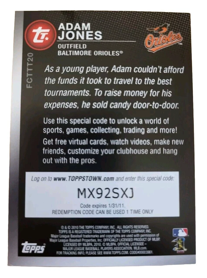 2010 Ticket to Topps Town Baltimore Orioles Baseball Card TTT20 Adam Jones (A7 - Image 2 of 2