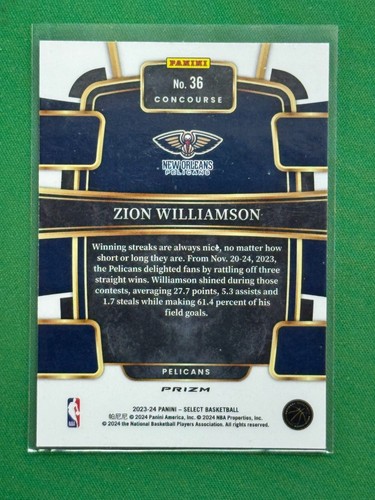 2023-24 Panini Select Red Cracked Ice Prizms Parallel #36 Zion Williamson - Picture 2 of 2