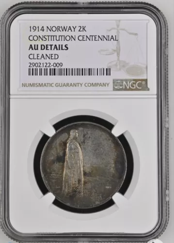 1914 NORWAY 2 Kroner Silver Coin Royal Norwegian Mint Haakon VII NGC AU-Details