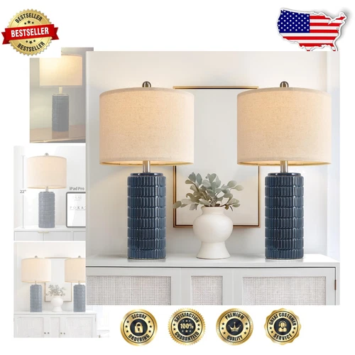 Traditional 23'' Blue Table Lamps with Linen Shade - Set of 2 Durable Designs
