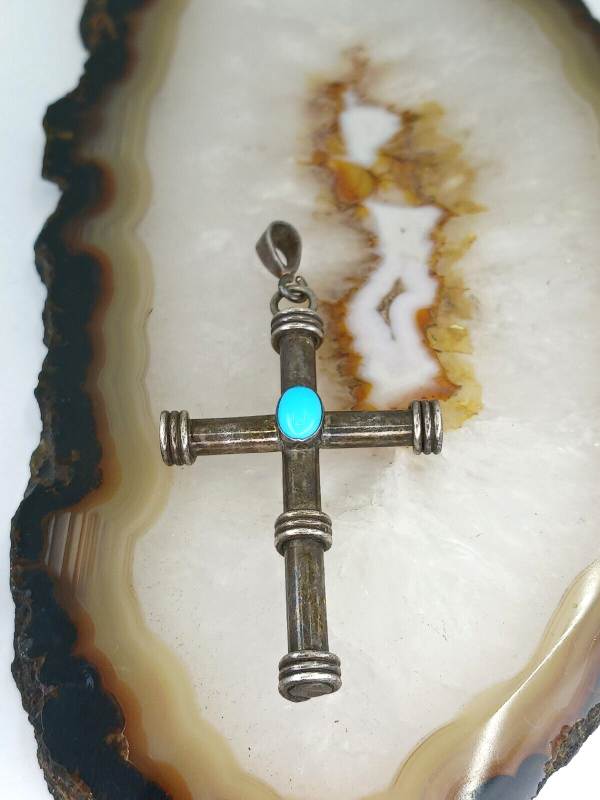 Signed RM Solid Sterling Silver Turquoise CROSS P… - image 6