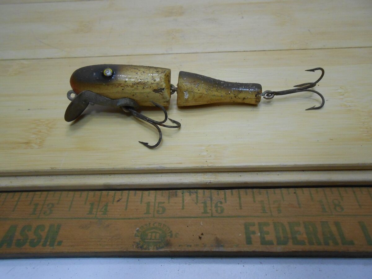 RARE Wood Jointed Vintage Lure 2 sets of hooks 4 long.
