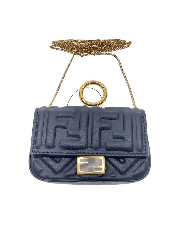 Fendi Nano Baguette Embossed Leather Crossbody Chain Shoulder Bag Black