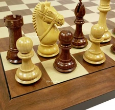 4" King Staunton Acacia Wood BRIDLED Knight Chess Set Walnut & Maple Board 19"