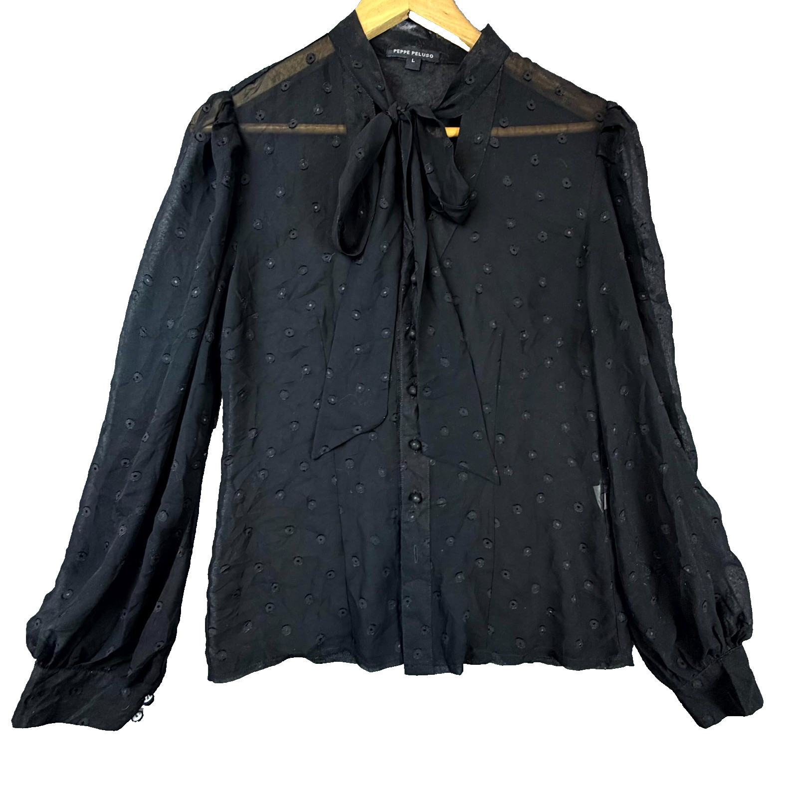 Peppe Peluso Blouse Top Womens L Black Clip Dot Pussy Bow Tie Neck Button Front