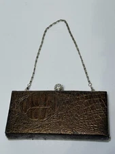 Y2K Brown Alligator Leather Clutch Handbag Mini Purse Rhinestone Clasp