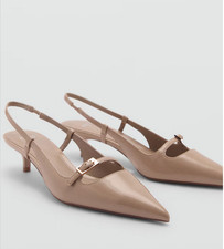 MANGO MNG LIGHT PASTEL BROWN BUCKLE KITTEN HEELS SLINGBACK PUMPS SHOES 37 6.5