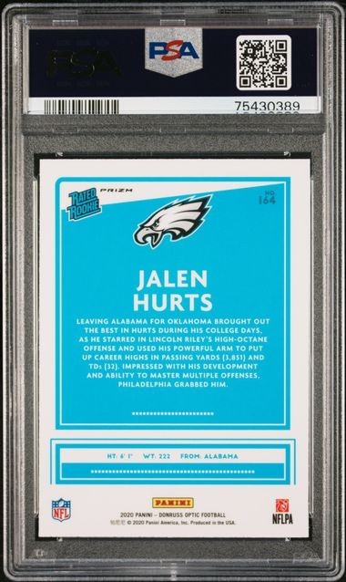 PSA 10 2020 Panini Donruss Optic Jalen Hurts #164 Holo Prizm RC ROOKIE PSA 10 💎 view 2