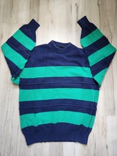 VTG 80s 90s Green Navy Blue Striped Knit Sweater Textured Grandpa 100 Cotton XL