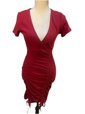 GUESS Red Ruched Mini Dress Small V Neck Ribbed Bodycon Clubwear Coquette Sexy