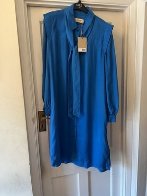 New MOS MOSH Bellah Carmela Blue Aster Shirt Midi Dress With Neck Tie/Belt,Med