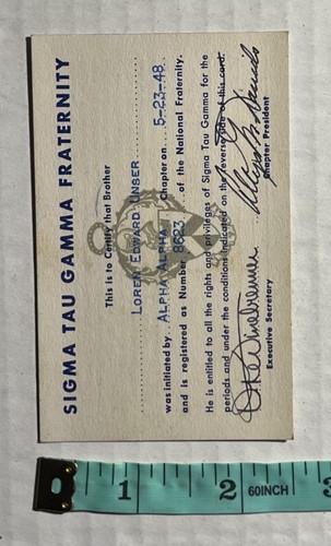 Vintage Sigma Tau Gamma Fraternity Membership Card 1948 - Picture 3 of 4