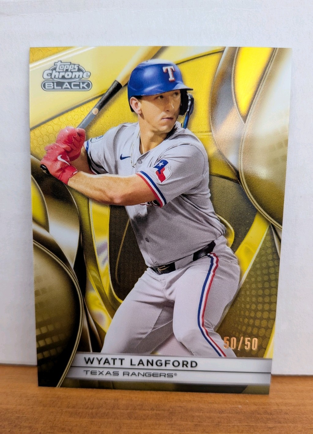 2025 Topps Chrome Black Wyatt Langford Gold Foil #d 50/50 BOOKEND- Texas Rangers