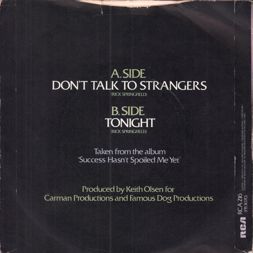 Rick Springfield Don't Talk To Strangers 7" vinyl UK Rca 1982 pic sleeve - has - Image 2 of 3