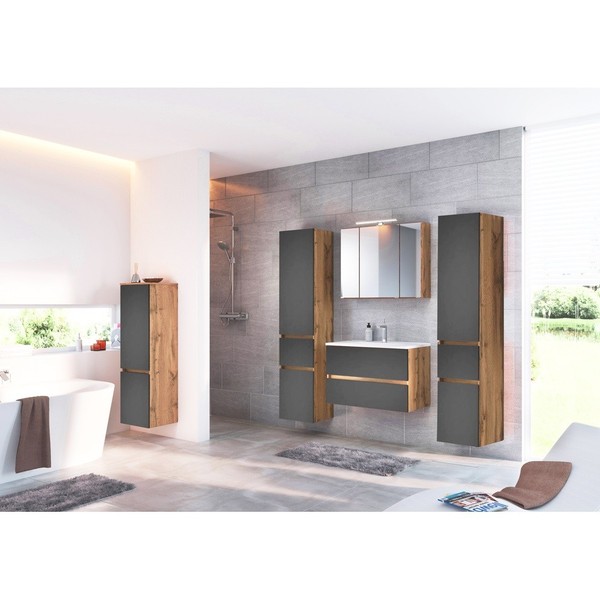 BadmöBel Set Matt Grau Waschtisch Led-Spiegelschrank Seitenschrank Midischrank-image