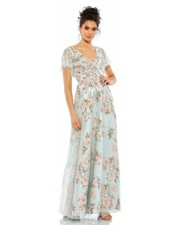 MAC DUGGAL FLORAL FLUTTER SLEEVE V-NECK MAXI DRESS 11220 BLUE MULTI SIZE 16