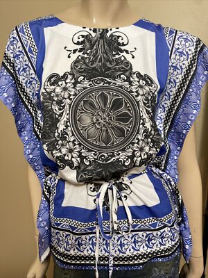 Women s White Blue Polyester Casual Floral Summer Tied Size L Blouse Top Tunic