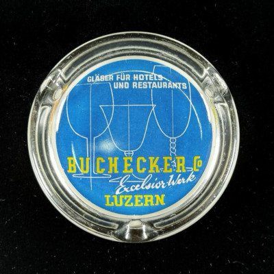 Vtg BUCHECKER CO LUZERN Glass Advertising Ashtray Swiss Switzerland