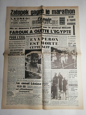 N416 La Une Du Journal Le soir Sunday 28 July 1952 Farouk left Egypt