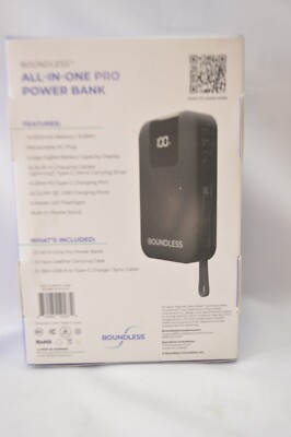 Black- Boundless 14,000mAh All-In-One Pro Power Bank w/AC Plug, Built-In Cables