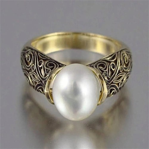 Modischer Ring mit weißen Perlenimitat Vintage goldfarben hohl Blumenmuster - Bild 4 von 15