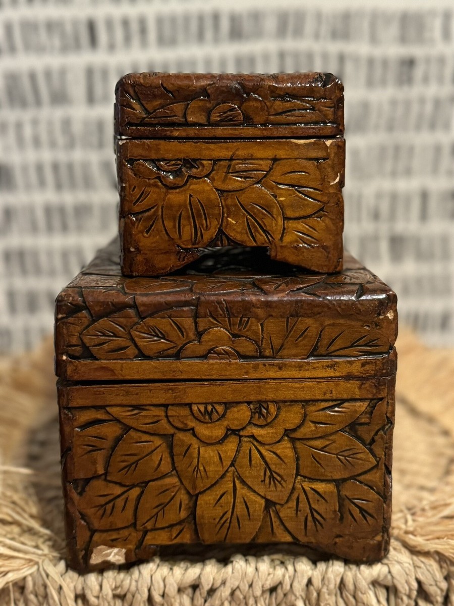 Chinese Carved Camphor Lacquered Wooden Boxes With Brass Closure