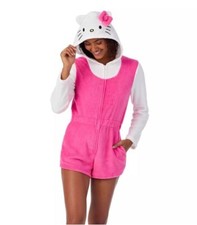 Womens Hello Kitty Romper Pajamas Hoodie Sanrio Pink Cute One Piece Size Large L