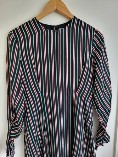And & Other Stories Dress Size 8 Black Green Red Striped Midi Long Sleeves Satin - Picture 6 of 18