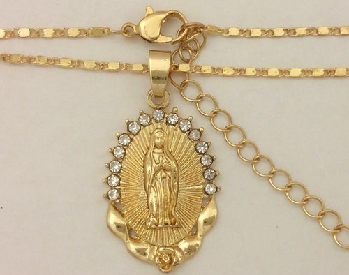 14k Gold Filled God Mother Virgin Mary Blessed Holy Crystal Pendant Necklace 18" - Picture 8 of 12