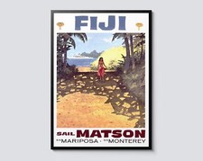 Fiji Vintage Travel Poster, Island Beach Pacific Wall Art Print, Tropical Palm