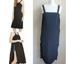 Guess Black Side Snap Dress Sleeveless Pinafore Combat Dark Academia XS UK 6/8