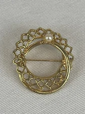 Round Double Ring Brooch Faux Pearl Gold Tone 1.25" Costume Vintage Scarf Pin
