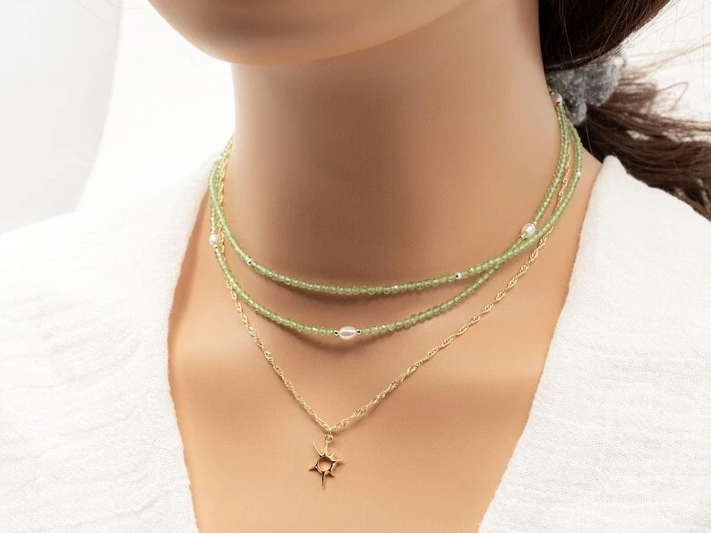Green peridot & Pearl Faceted Round Beads Women & Girls Choker Necklaces 18'' - Image 3 of 4