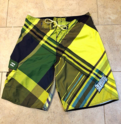 VTG Billabong Board Shorts Mens [34] Green Yellow Plaid Y2K Surf Swim Trunks