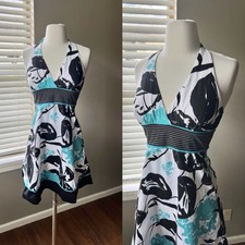 Vintage Y2K Halter Dress Size 3 Blue Black Floral Cocktail Summer Vacation Fairy