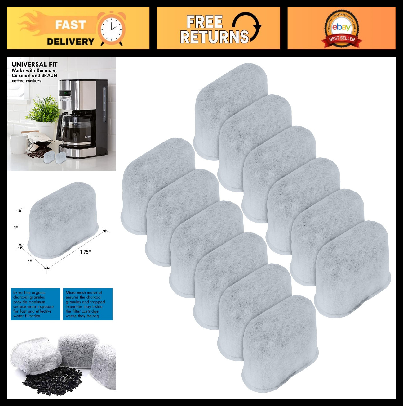 Replacement Charcoal Water Filter 12 Pack for Keurig, Cuisinart, Braun - Pure Ta