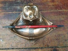 Jugendstil Schreibtischgarnitur aus Messing mit Tintenfass aus Glas